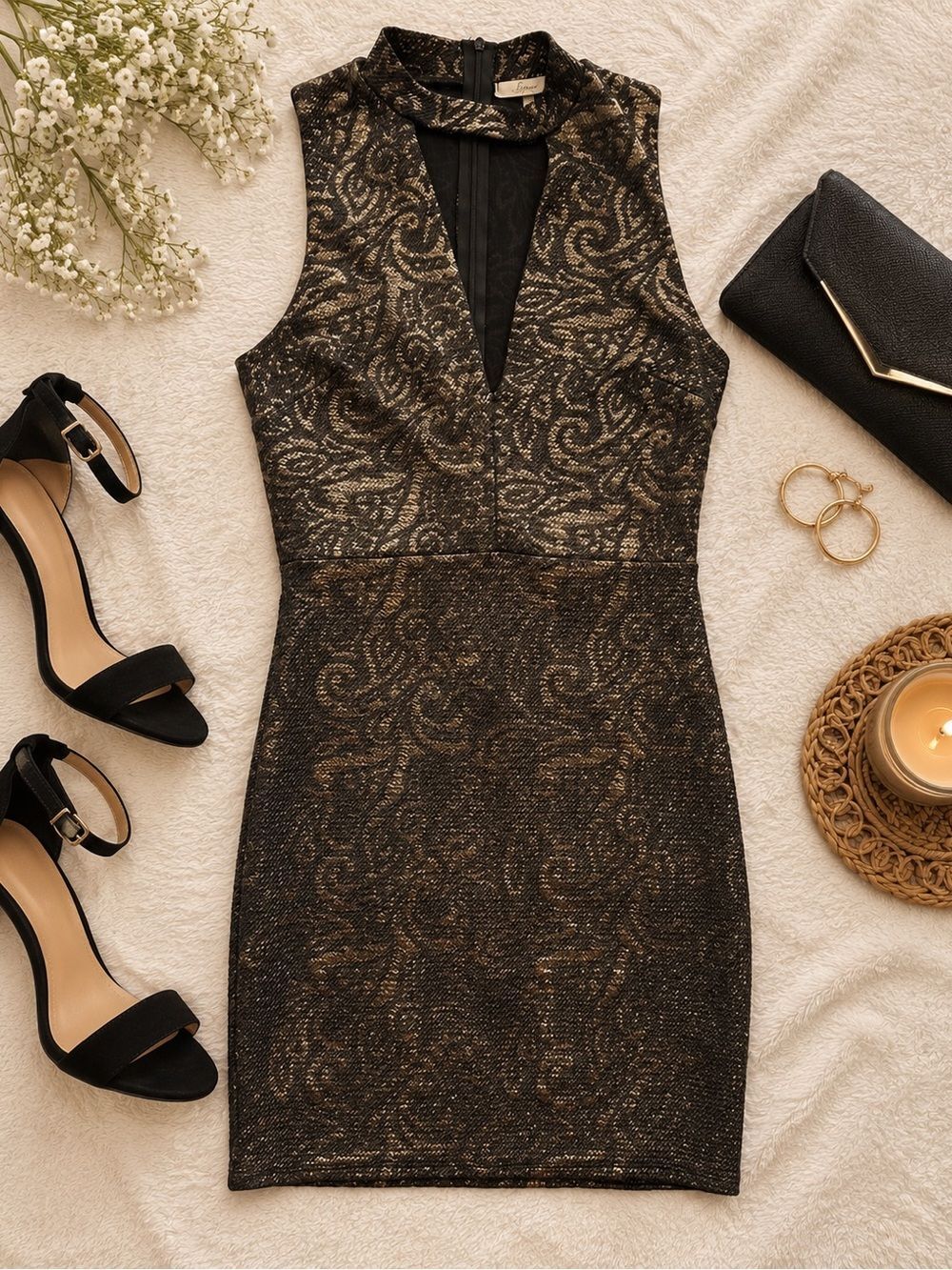Soprano Metallic Paisley Sleeveless Bodycon Sheath Dress Size M